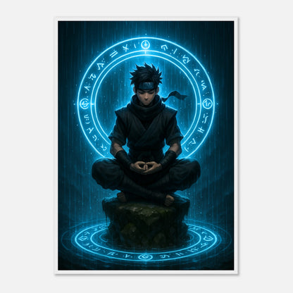 SEIRYU Poster im weißen Rahmen, kraftvolle Anime-Kunst mit ruhiger Energie und blauer Magie, ideal für Meditation und moderne Einrichtung.