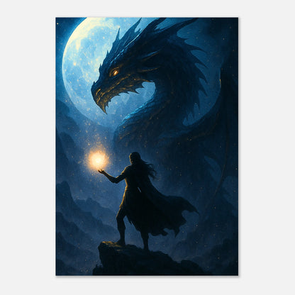 Shadow Dragon Poster – Fantasy Wandkunst mit Magier und Drache in nächtlicher Szene