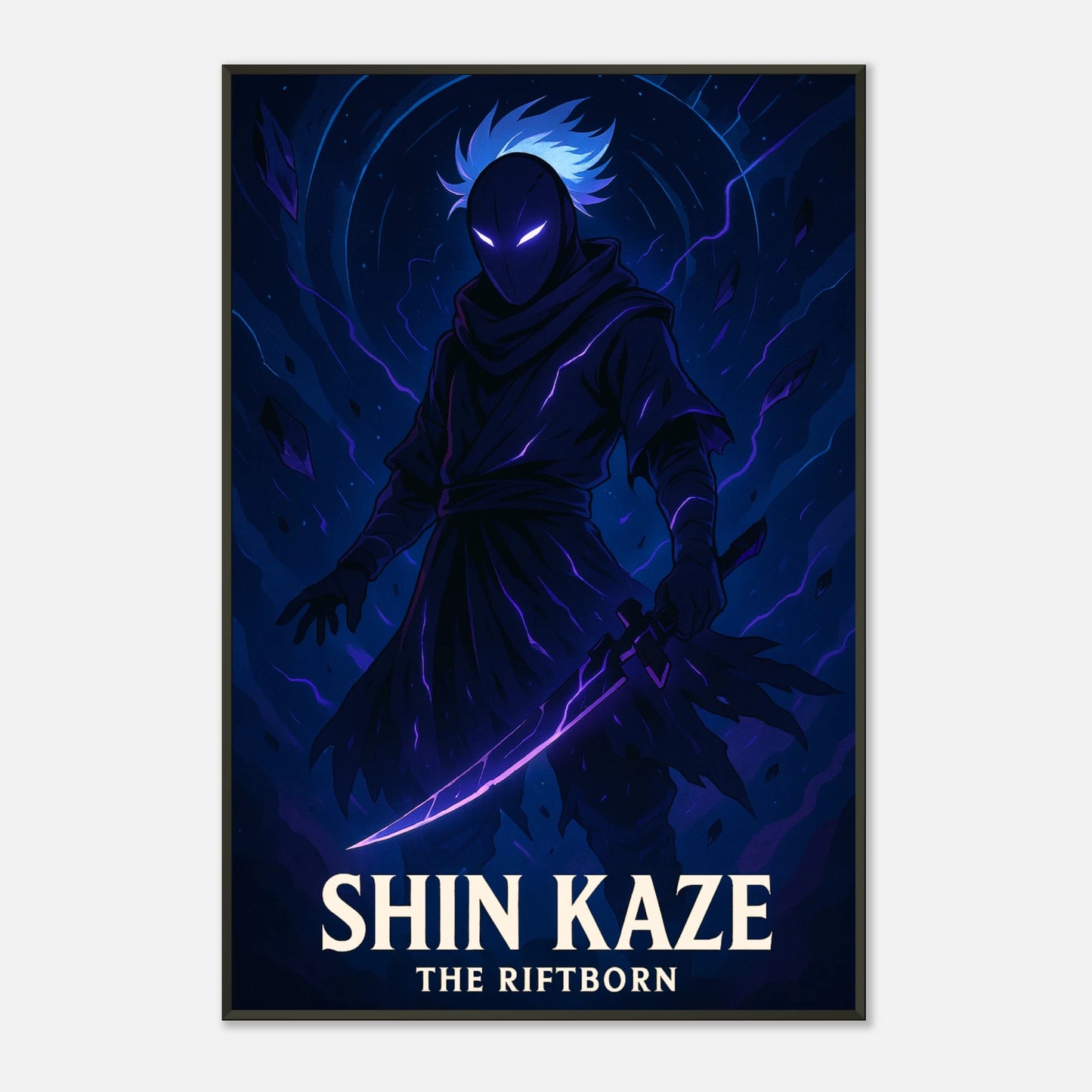 SHIN KAZE Anime Kunstdruck im schwarzen Metallrahmen aus seitlicher Perspektive – dunkles episches Ninja Motiv