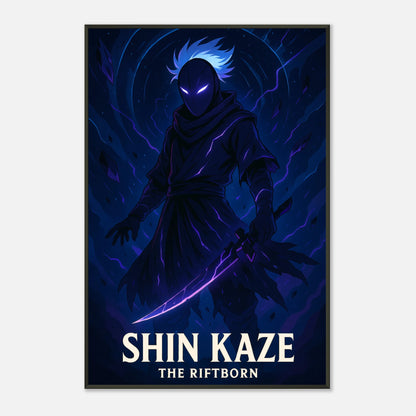 SHIN KAZE Anime Kunstdruck im schwarzen Metallrahmen aus seitlicher Perspektive – dunkles episches Ninja Motiv