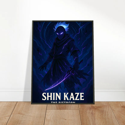 SHIN KAZE Anime Poster im schwarzen Metallrahmen an die Wand gelehnt – moderner mystischer Ninja Kunstdruck in Blau