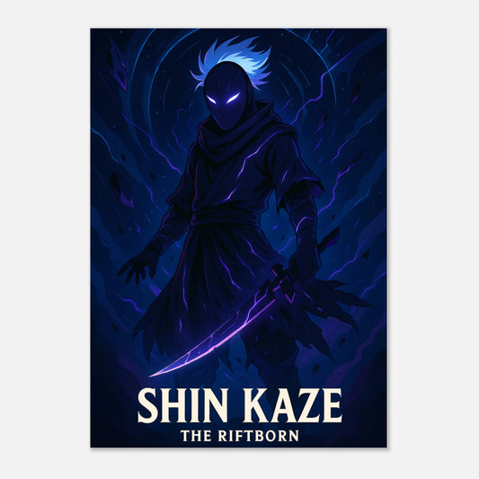 SHIN KAZE Anime Poster – episches Ninja Art Print in Dunkelblau, hochwertige Wandkunst für Anime Fans weltweit