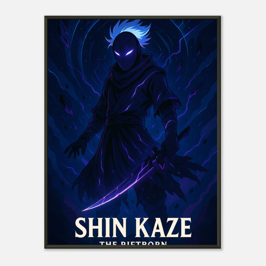 SHIN KAZE Anime Ninja Poster im schwarzen Metallrahmen – dunkles, mystisches Wandbild mit blauem Samurai-Look für Gaming Zimmer und Wohnzimmer