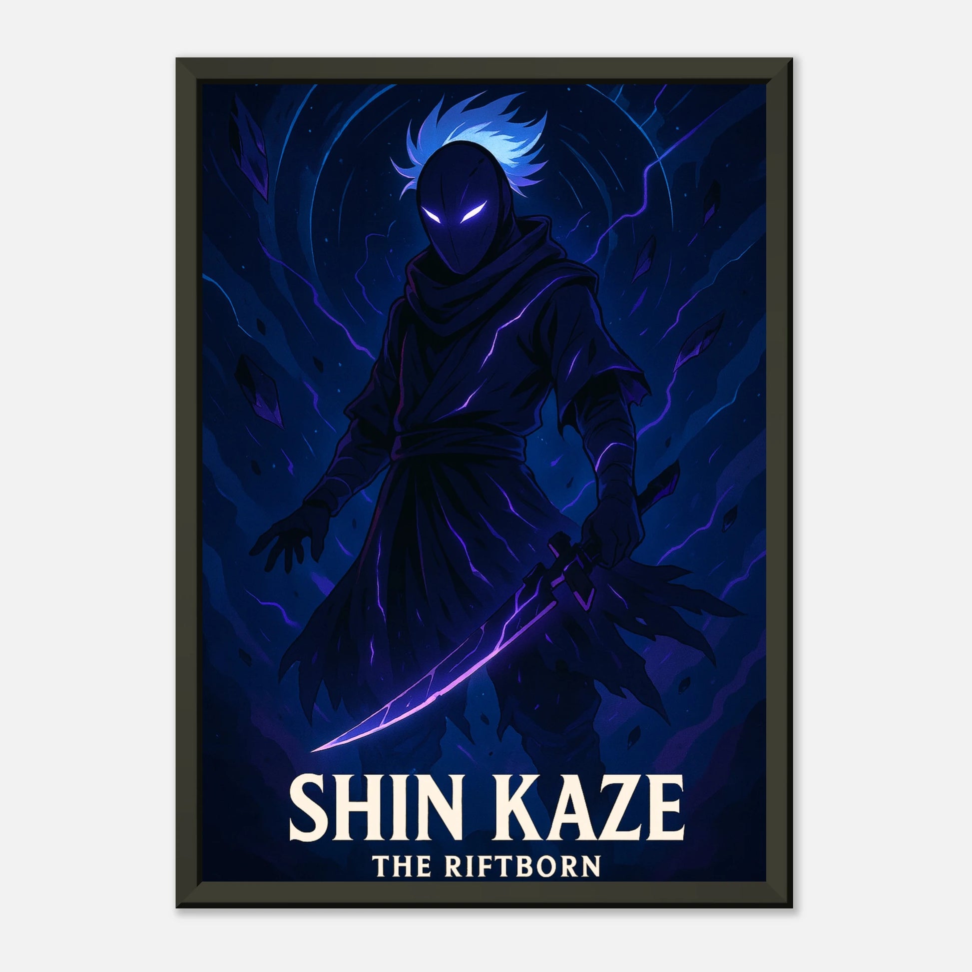 SHIN KAZE Anime Wandposter im schwarzen Metallrahmen – mystischer Ninja in Blau, moderne Kunst für stilvolle Einrichtung