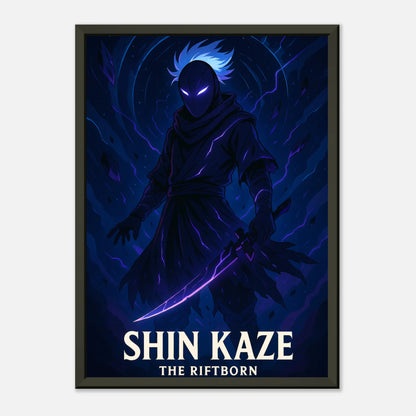 SHIN KAZE Anime Wandposter im schwarzen Metallrahmen – mystischer Ninja in Blau, moderne Kunst für stilvolle Einrichtung