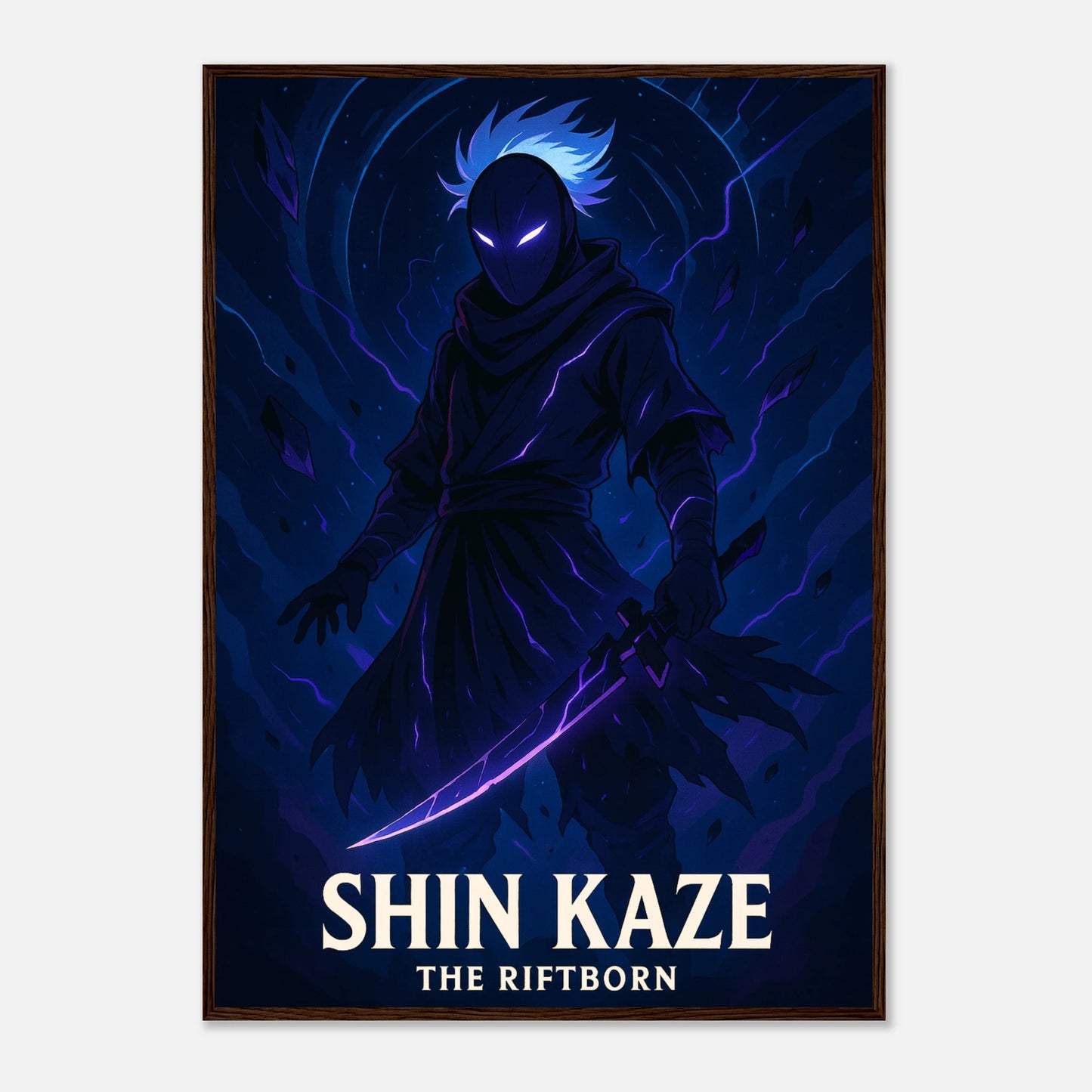 SHIN KAZE Poster im dunkelbraunen Rahmen – Schattenkrieger mit leuchtendem Schwert, intensives blaues Anime-Design zwischen Tradition und Zukunft. Defa Designs.