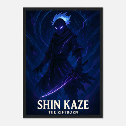 SHIN KAZE Poster im schwarzen Rahmen – kraftvoller Samurai in der Nacht, Anime-Kunst mit blauem Licht und geheimnisvoller Aura. Defa Designs.
