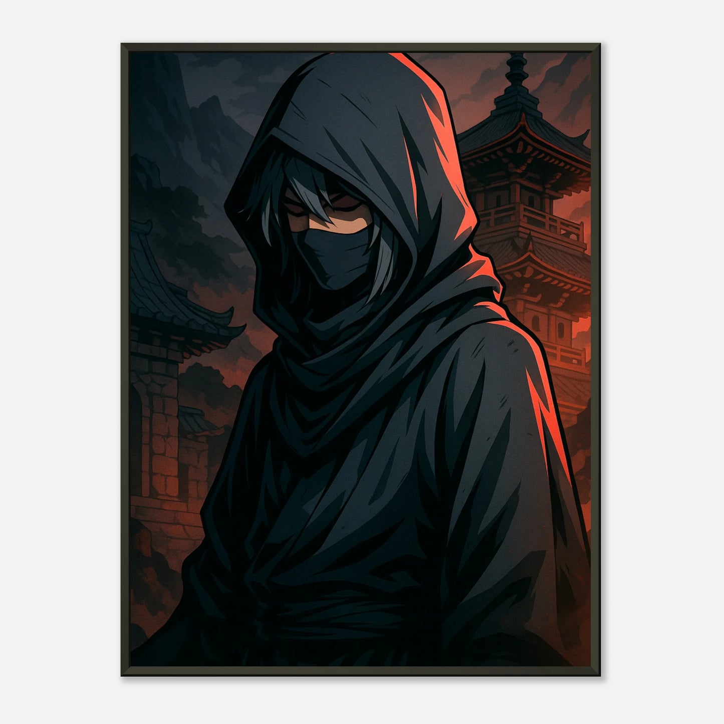 SHIN KURE Anime Poster im schwarzen Metallrahmen – dunkler Samurai im Schatten, kunstvoller Wanddruck