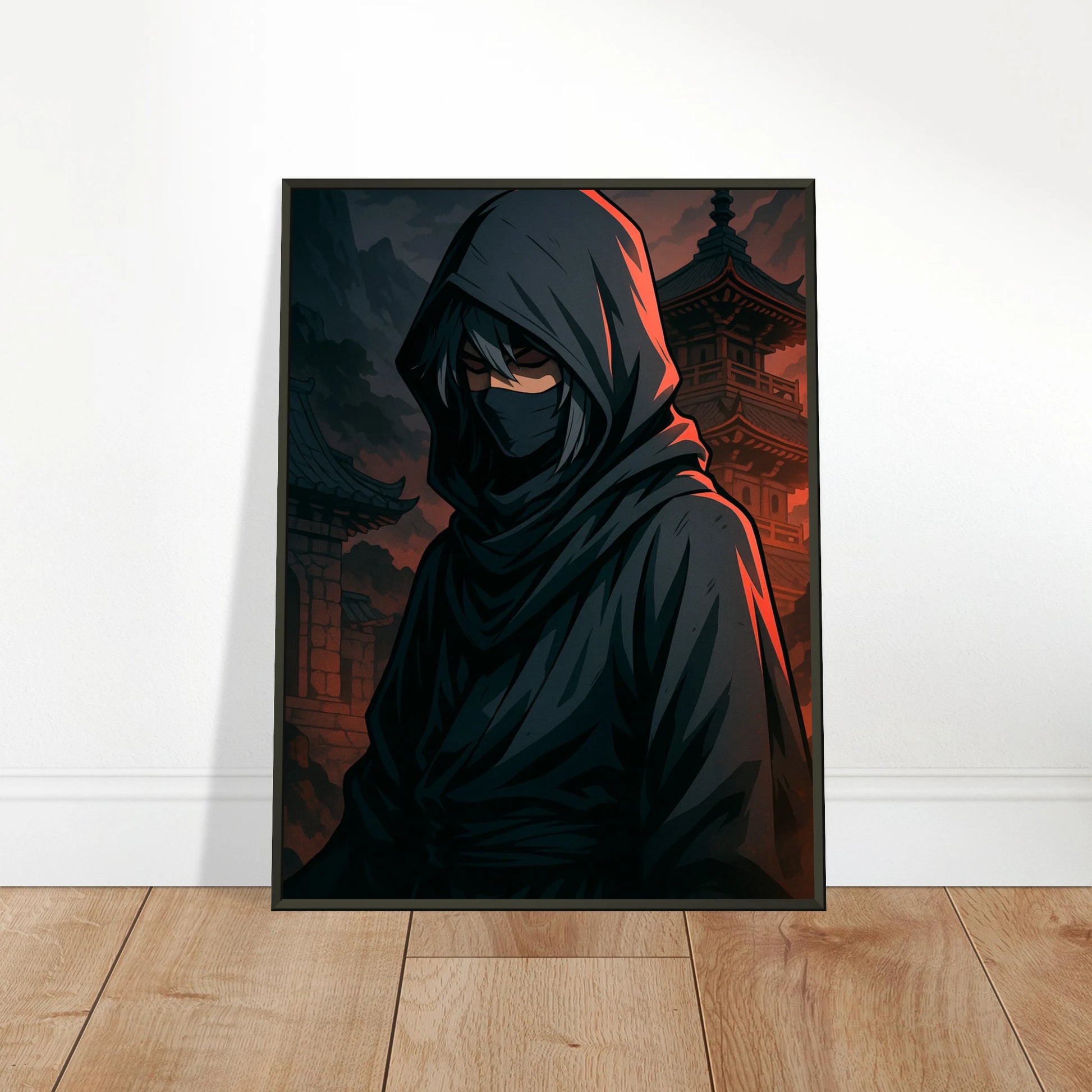 SHIN KURE Anime Poster an die Wand gelehnt – schwarzer Metallrahmen, realistische Produktdarstellung