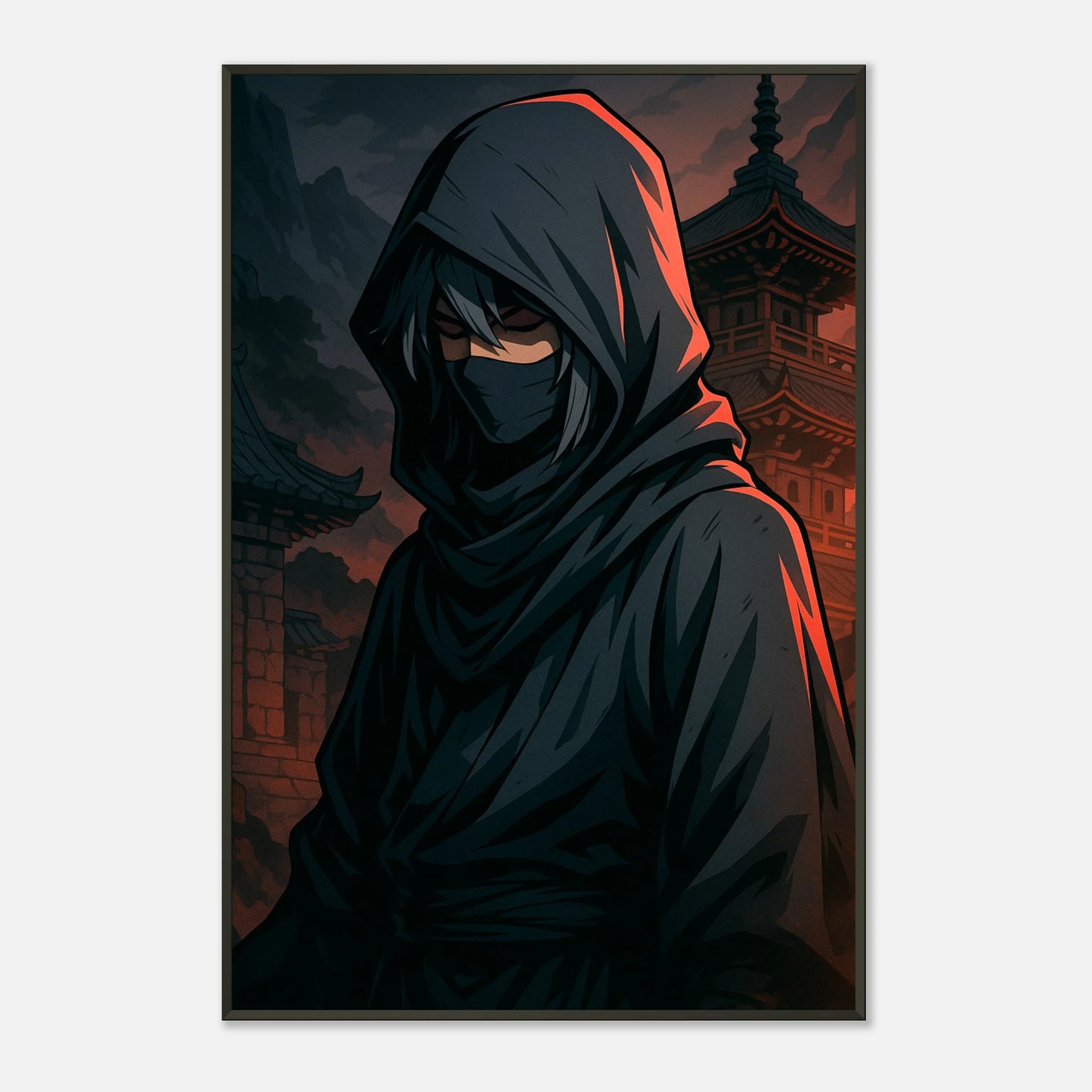 Nahaufnahme des SHIN KURE Anime Posters – düsterer Samurai mit roten Schatten, hochwertige Illustration