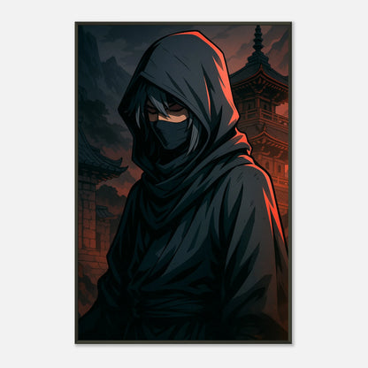 Nahaufnahme des SHIN KURE Anime Posters – düsterer Samurai mit roten Schatten, hochwertige Illustration