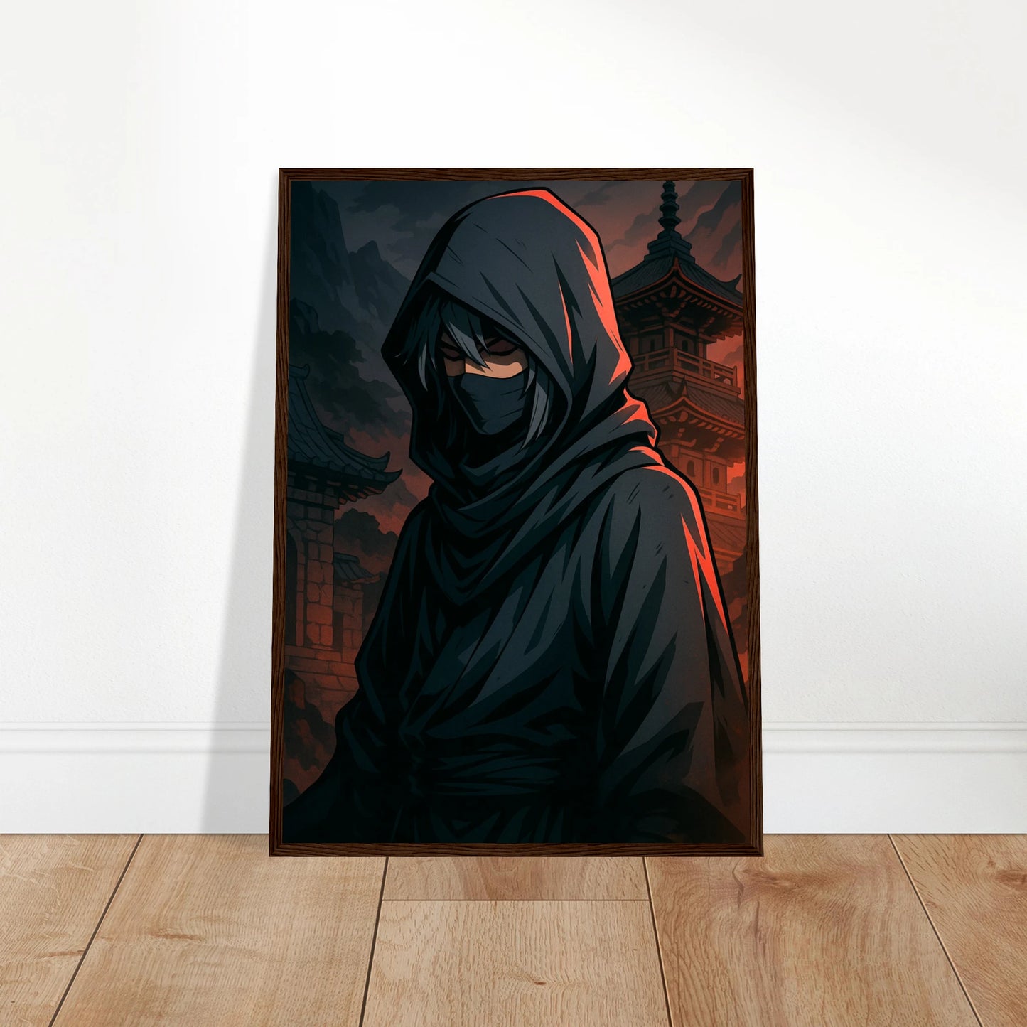 SHIN KURE Poster an die Wand gelehnt – kraftvolle Samurai-Kunst mit rotem Hintergrund. Dunkle Anime-Ästhetik mit tiefer symbolischer Bedeutung.