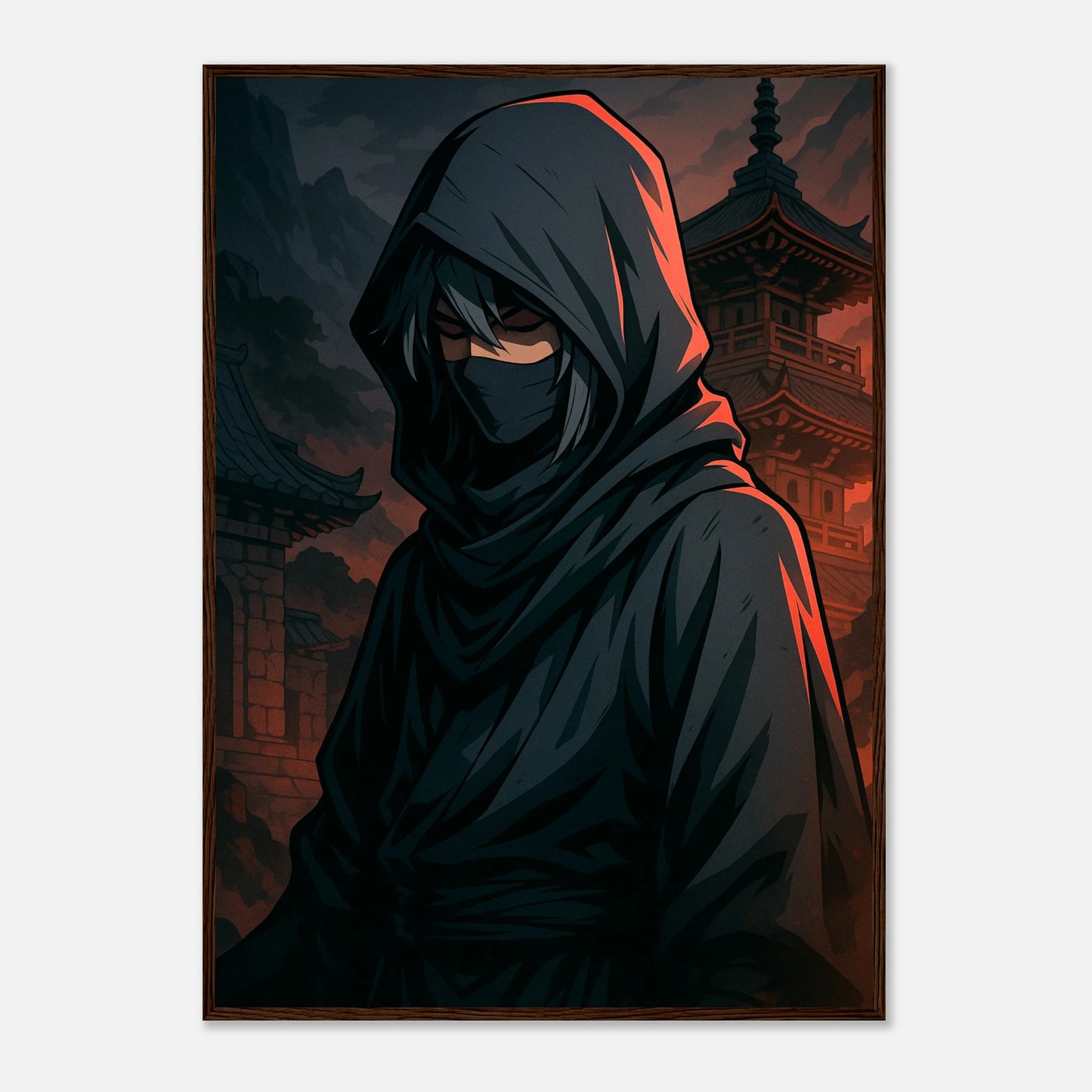 SHIN KURE Poster im dunkelbraunen Rahmen – mächtiger Samurai im Schatten, inspiriert von alter Ehre und Stille. Dunkle Anime-Kunst mit intensiver Atmosphäre.