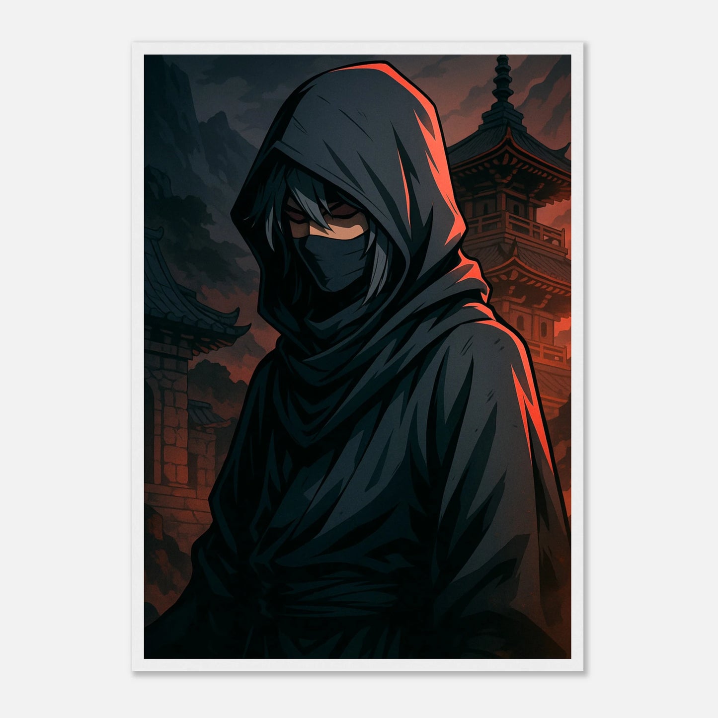 SHIN KURE Poster im weißen Rahmen – dunkler Samurai mit rotem Lichtschein, vereint Stille und Macht. Premium Anime-Druck in edlem minimalistischen Stil.