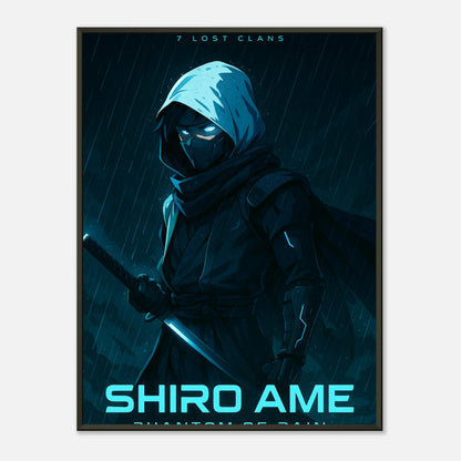 Shiro Ame Anime Ninja Poster im schwarzen Metallrahmen in Frontansicht – dunkle Samurai-Kunst im Regen – Wandbild von Defa Designs.