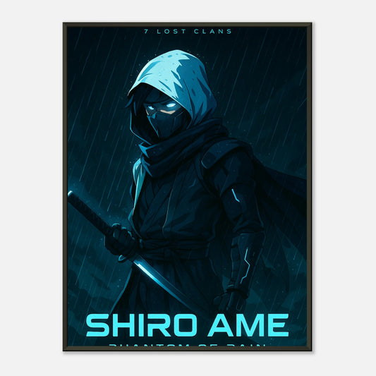 Shiro Ame Anime Ninja Poster im schwarzen Metallrahmen in Frontansicht – dunkle Samurai-Kunst im Regen – Wandbild von Defa Designs.