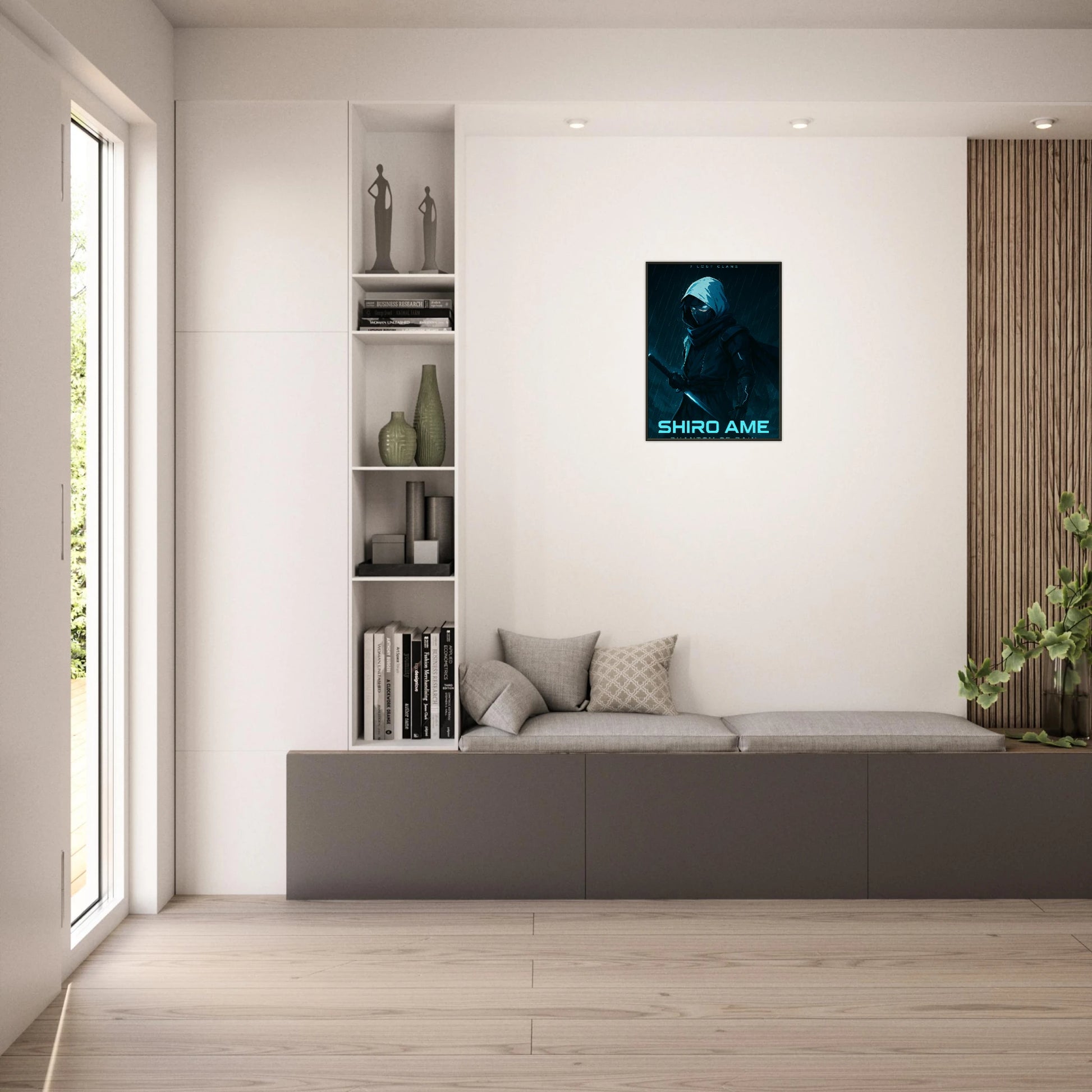 Shiro Ame Anime Wandbild im schwarzen Metallrahmen in einem modernen Wohnzimmer – perfekte Wanddekoration für Anime- und Gaming-Fans.