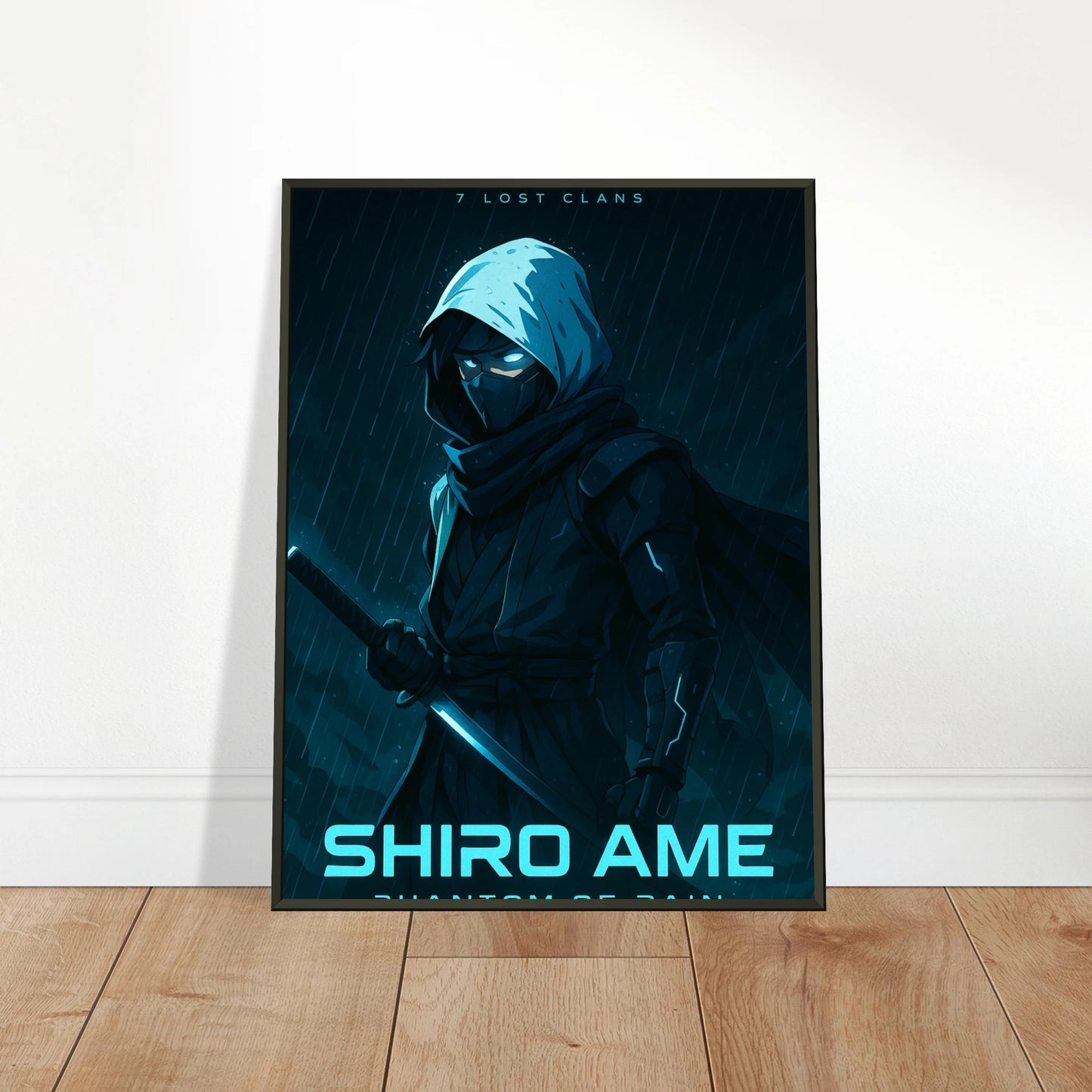 Shiro Ame Ninja Poster im schwarzen Metallrahmen locker an die Wand gelehnt – stilvolle Anime-Dekoration für moderne Wohnräume.