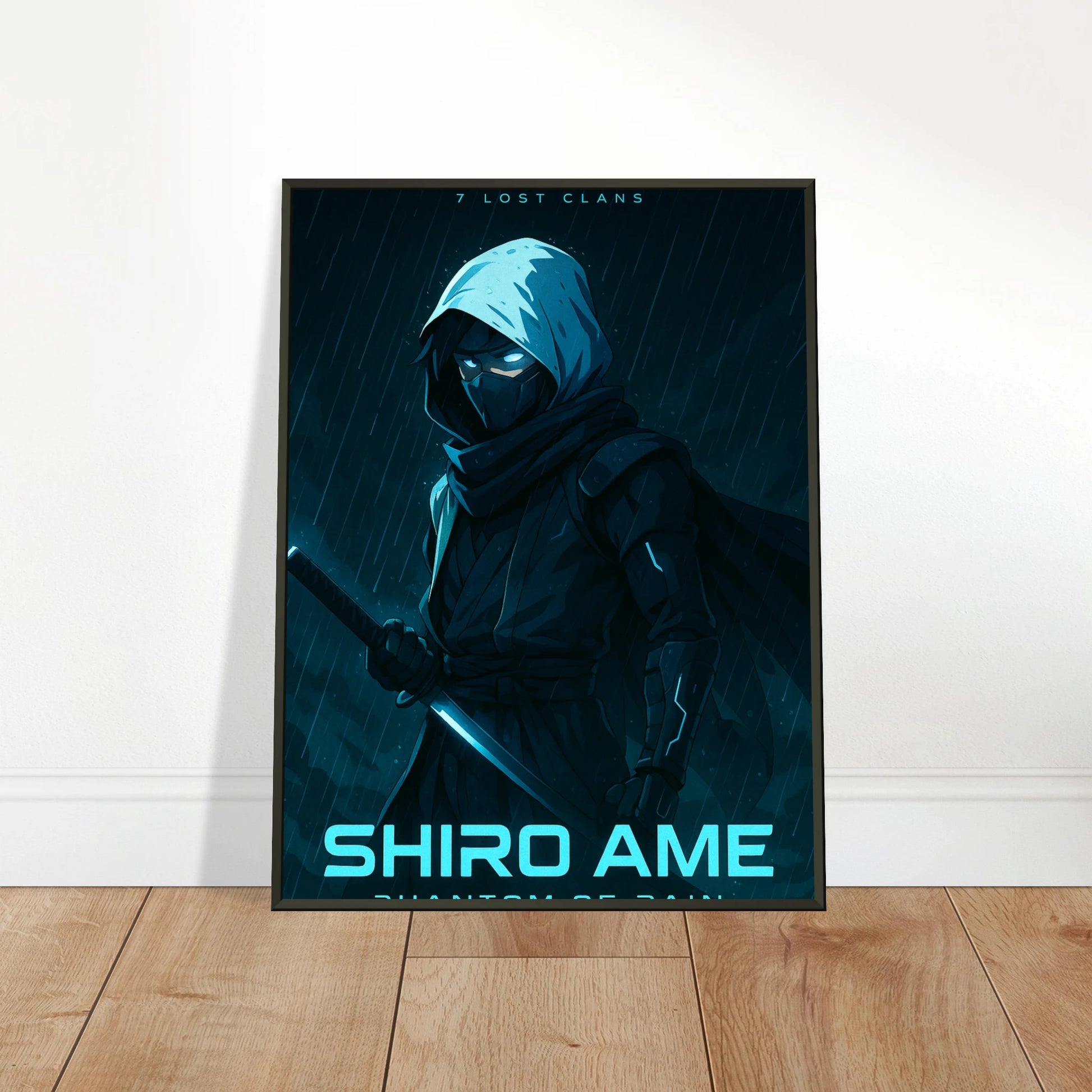 Shiro Ame Ninja Poster im schwarzen Metallrahmen locker an die Wand gelehnt – stilvolle Anime-Dekoration für moderne Wohnräume.