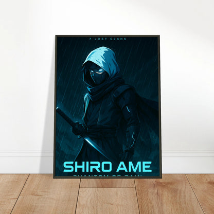 Shiro Ame Ninja Poster im schwarzen Metallrahmen locker an die Wand gelehnt – stilvolle Anime-Dekoration für moderne Wohnräume.