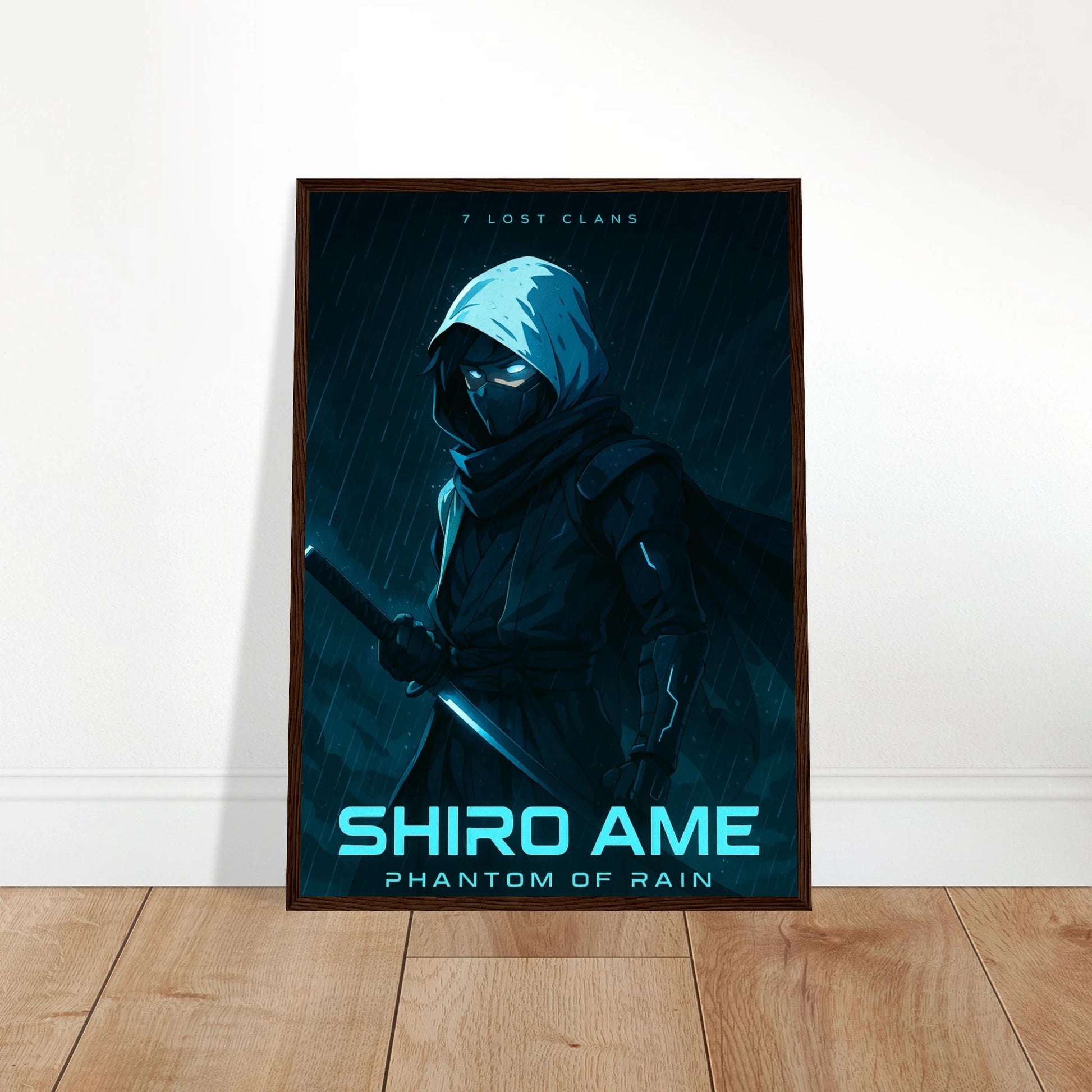 SHIRO AME Poster an die Wand gelehnt – mystischer Samurai im Regen, moderne japanische Kunst in kaltem Blauton. Defa Designs exklusive Anime-Kollektion.