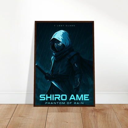 SHIRO AME Poster an die Wand gelehnt – mystischer Samurai im Regen, moderne japanische Kunst in kaltem Blauton. Defa Designs exklusive Anime-Kollektion.