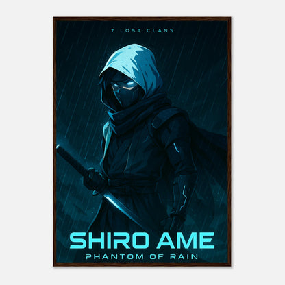 SHIRO AME Poster im dunkelbraunen Rahmen – Ninja-Krieger in der Nacht des Regens, geheimnisvolles Anime-Wandbild mit blauer Energie. Defa Designs hochwertige Kunst.