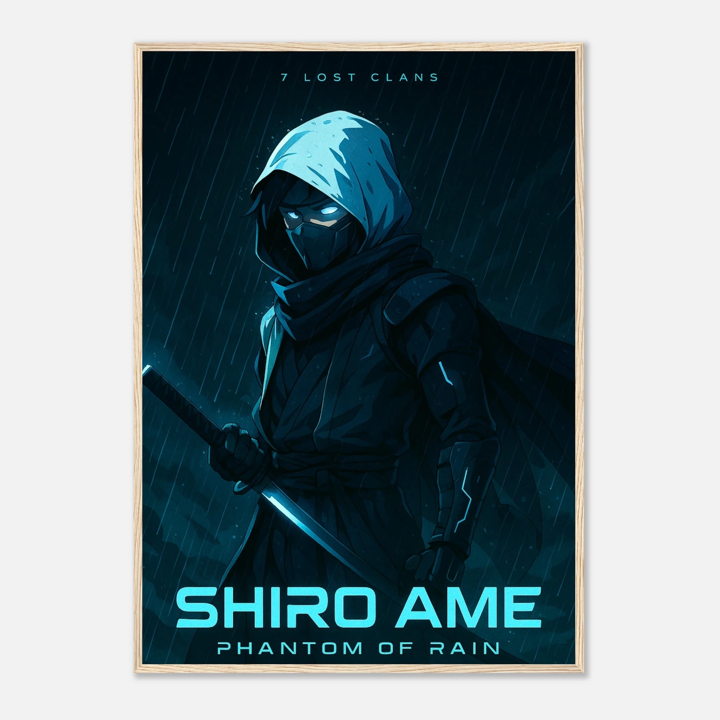 SHIRO AME Poster im hellbraunen Holzrahmen – lautloser Samurai in blauem Regenlicht, mystische Anime-Kunst inspiriert von japanischer Ästhetik. Premium-Druck von Defa Designs.

