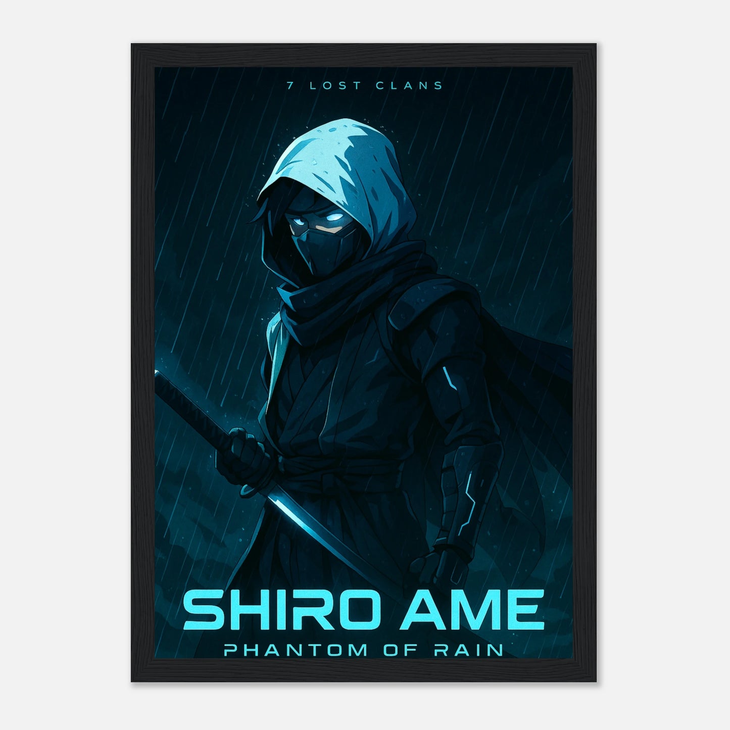 SHIRO AME Poster im schwarzen Rahmen – dunkler Samurai mit Kapuze und Katana, intensives Anime-Kunstwerk voller Atmosphäre. Defa Designs Premium Print.