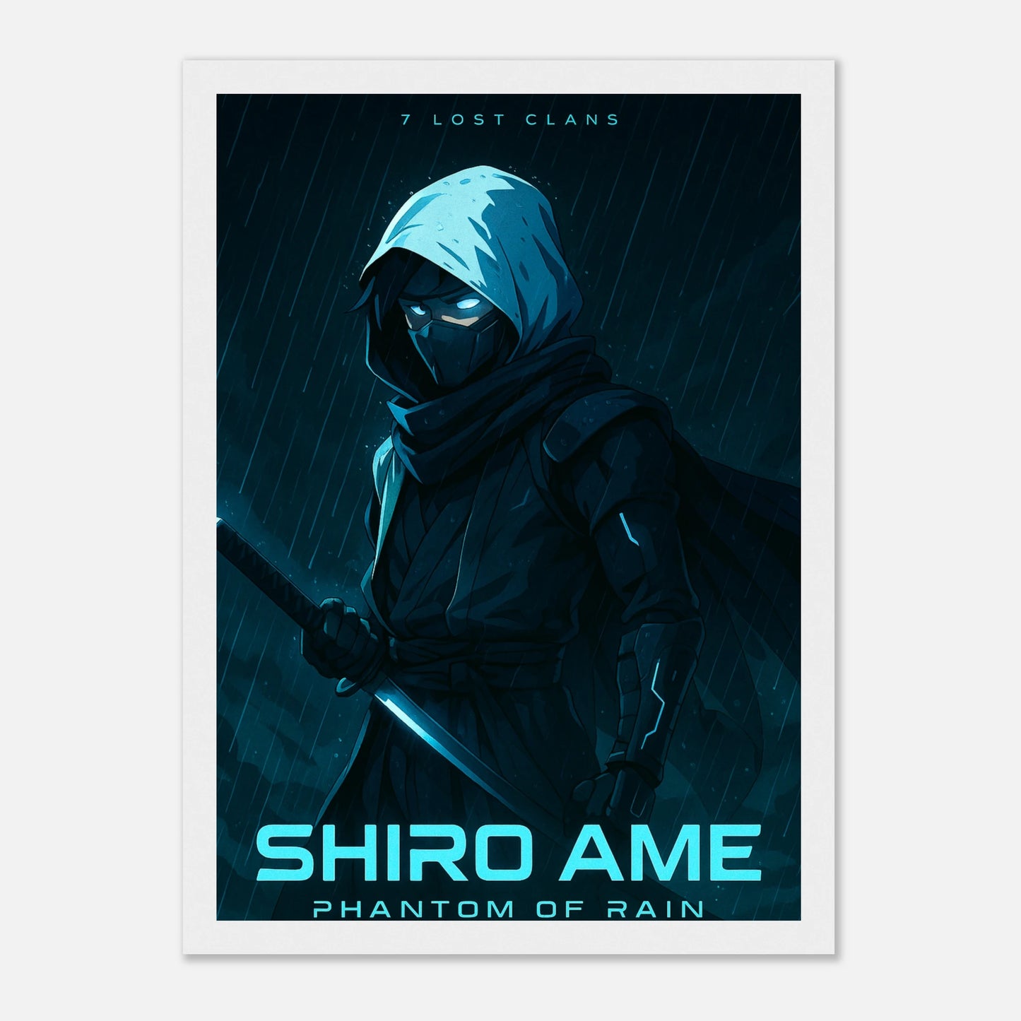 SHIRO AME Poster im weißen Rahmen – stiller Kämpfer im Regen, minimalistisches Anime-Design mit starker japanischer Symbolik. Defa Designs.