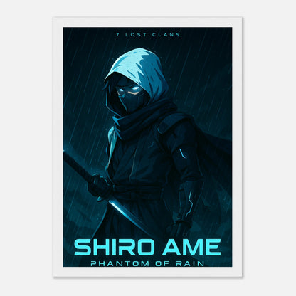 SHIRO AME Poster im weißen Rahmen – stiller Kämpfer im Regen, minimalistisches Anime-Design mit starker japanischer Symbolik. Defa Designs.