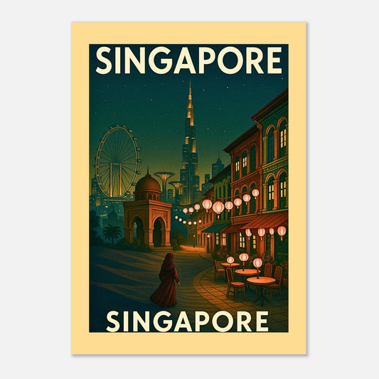 Singapore Poster – Vintage Wandbild mit Skyline, Marina Bay Sands und Stadtlichtern, hochwertiger Kunstdruck