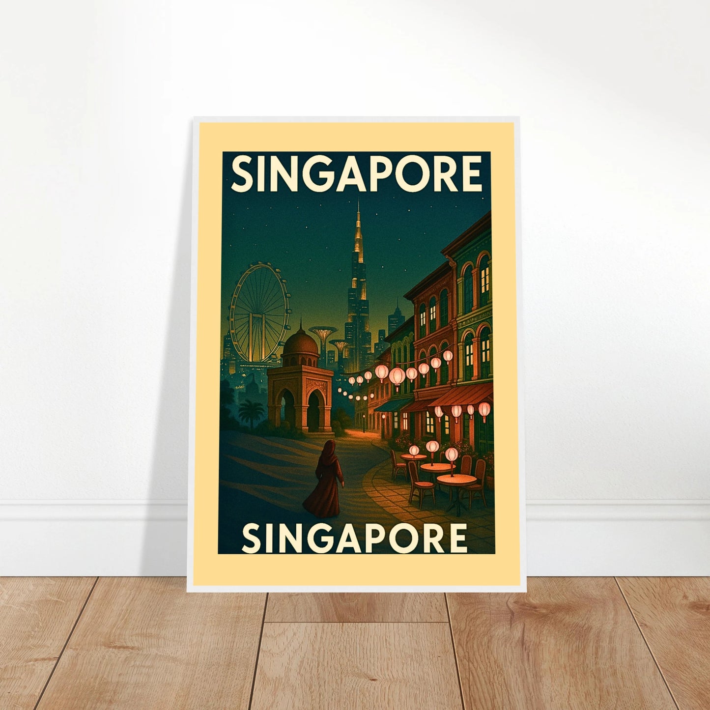 Singapur Vintage Poster an Wand angelehnt – hochwertiges Retro Wandbild mit Skyline und Laternen, Design von Defa Designs.