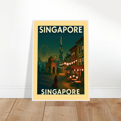 Singapur Vintage Poster an Wand angelehnt – hochwertiges Retro Wandbild mit Skyline und Laternen, Design von Defa Designs.