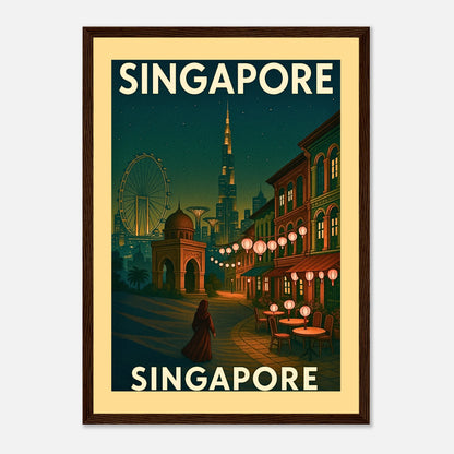 Retro Wandbild Singapur mit dunkelbraunem Holzrahmen – elegantes Vintage Poster mit Skyline und Laternenlicht von Defa Designs.