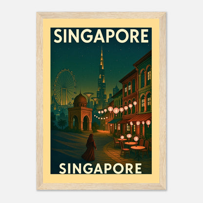 Vintage Poster Singapur mit hellbraunem Holzrahmen – stilvolle Wandkunst mit Laternen und Skyline, Retro Design von Defa Designs.