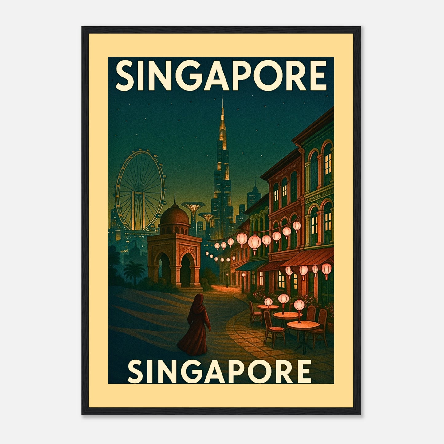 Singapur Retro Poster mit schwarzem Holzrahmen – edle Wandkunst mit Skyline und warmem Licht von Defa Designs.