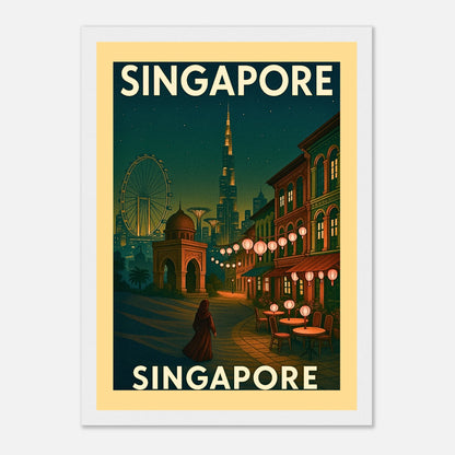 Singapore city vintage art print in Singapur Vintage Poster im weißen Holzrahmen – klassische Retro Wanddekoration mit asiatischem Flair von Defa Designs.