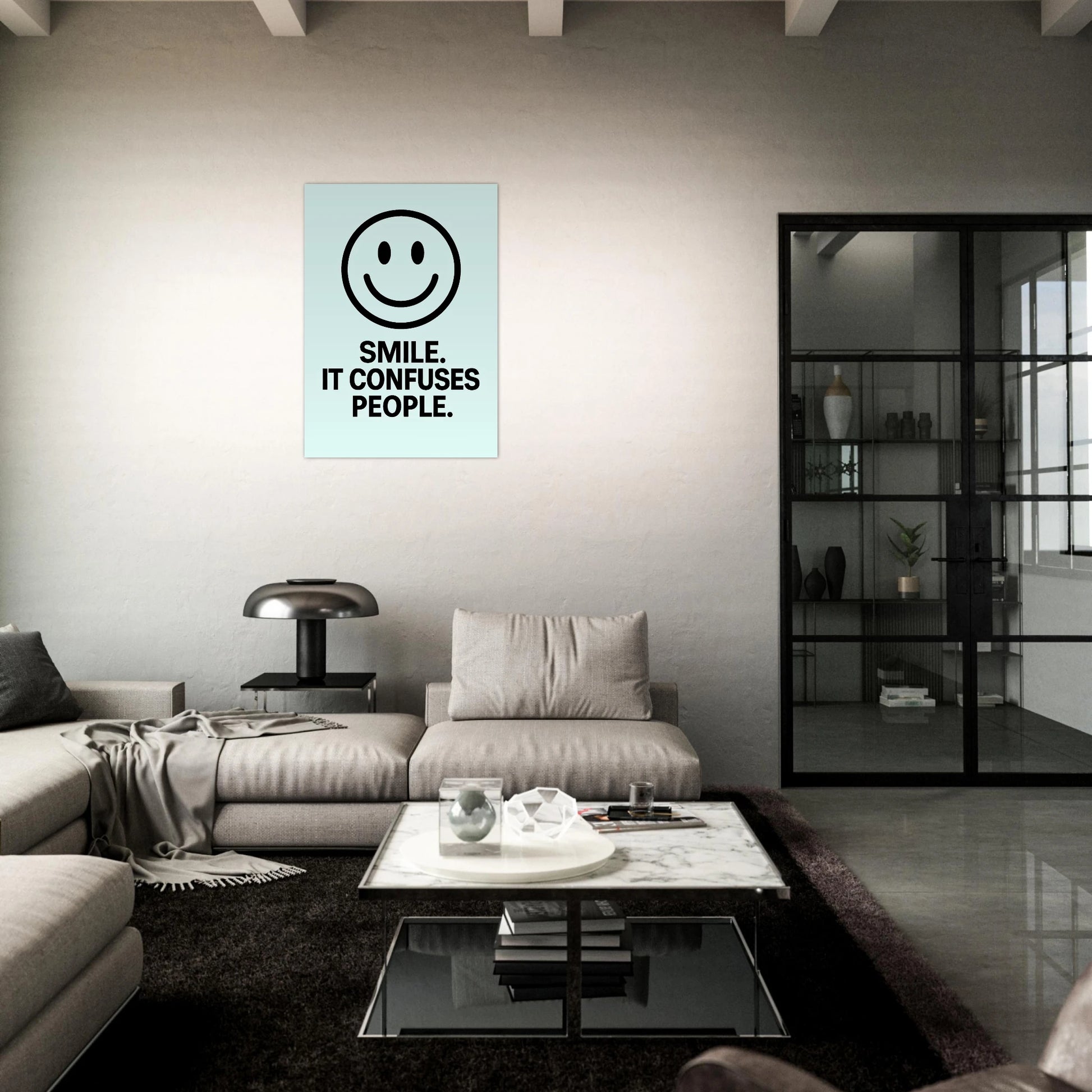 Smile ice blue funny poster – motivational minimalist wall art in stylish modern living room interior