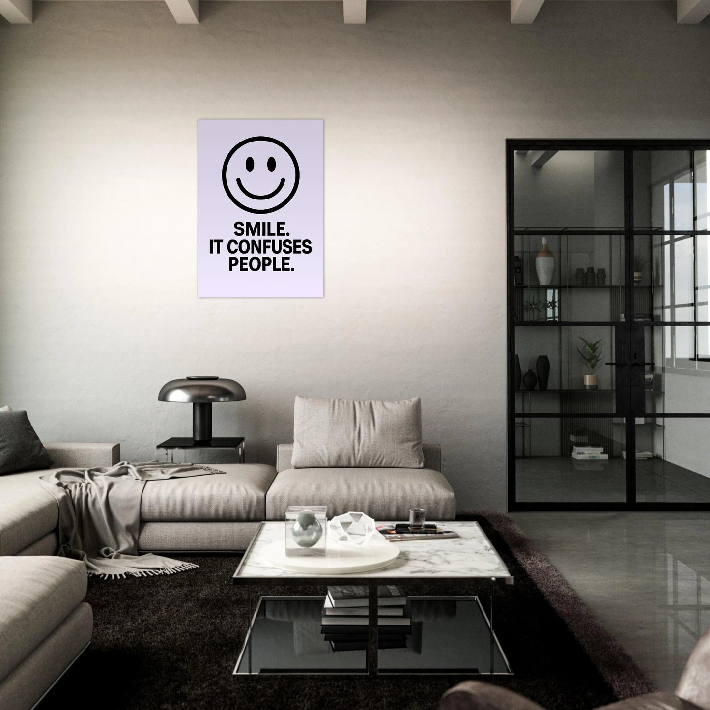 Smile It Confuses People poster – humorous lavender wall art in stylish modern living room interior