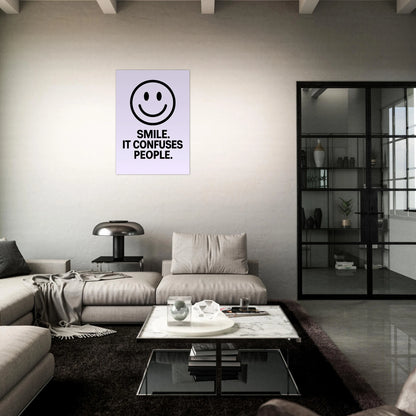 Smile It Confuses People poster – humorous lavender wall art in stylish modern living room interior