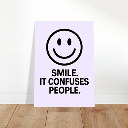 Smile poster leaning on floor – funny quote wall art in lavender minimalist style