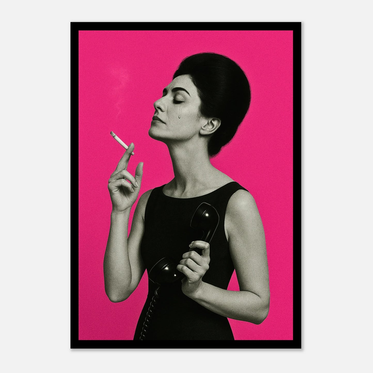 Smoke & Silence pop art poster – modern wall art with woman smoking, bold pink background, vintage style