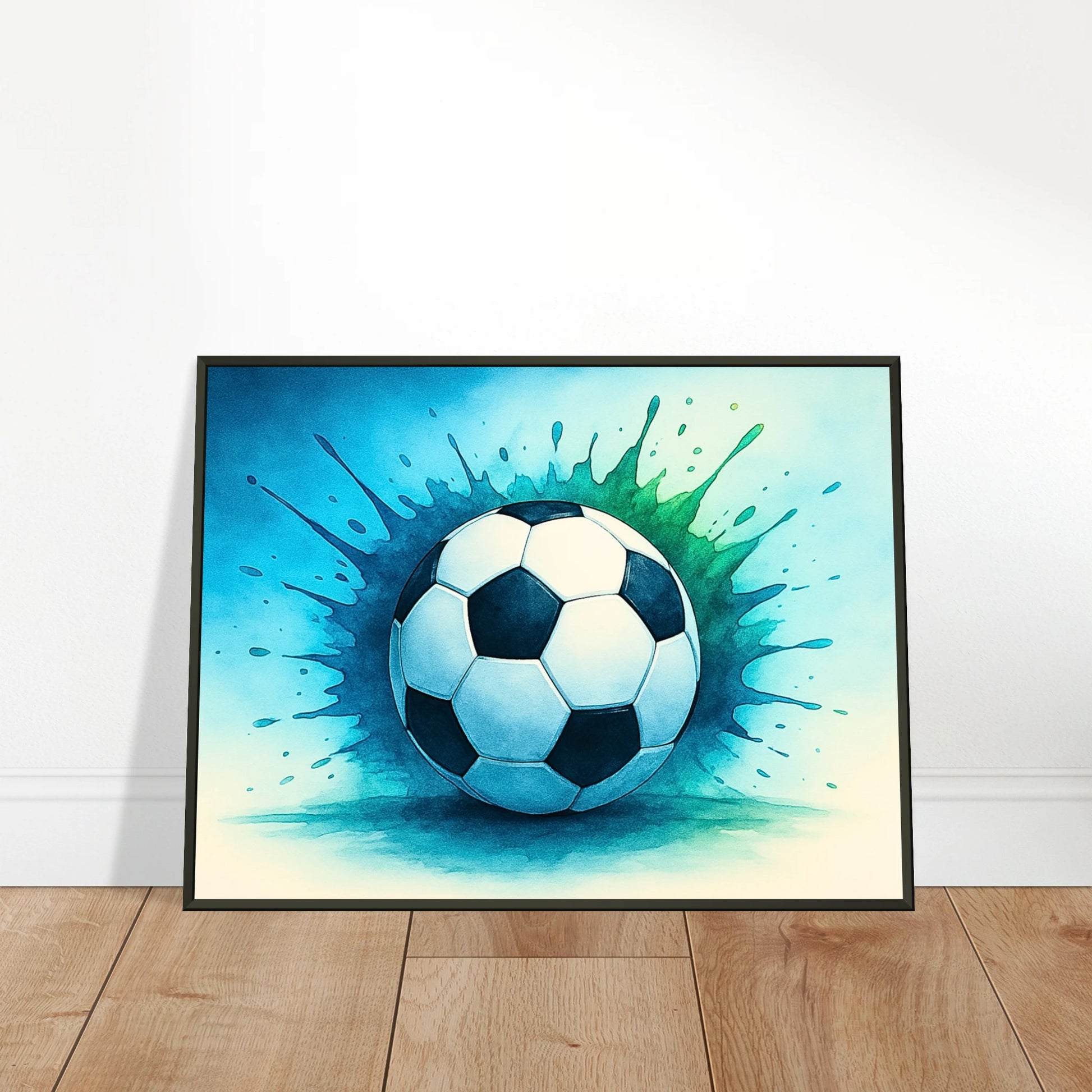 Fußballposter „Momentum“ im schwarzen Metallrahmen, an die Wand gelehnt – Moderne Wandkunst für Sportliebhaber | DEFA Designs