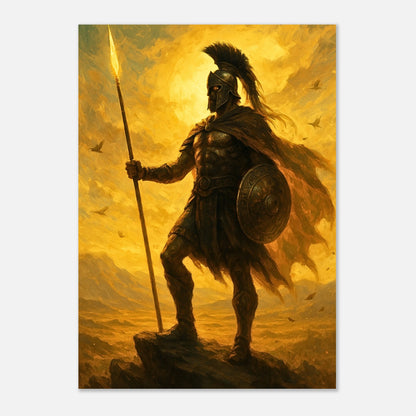Spartan warrior art print holding spear and shield, golden background wall decor for home