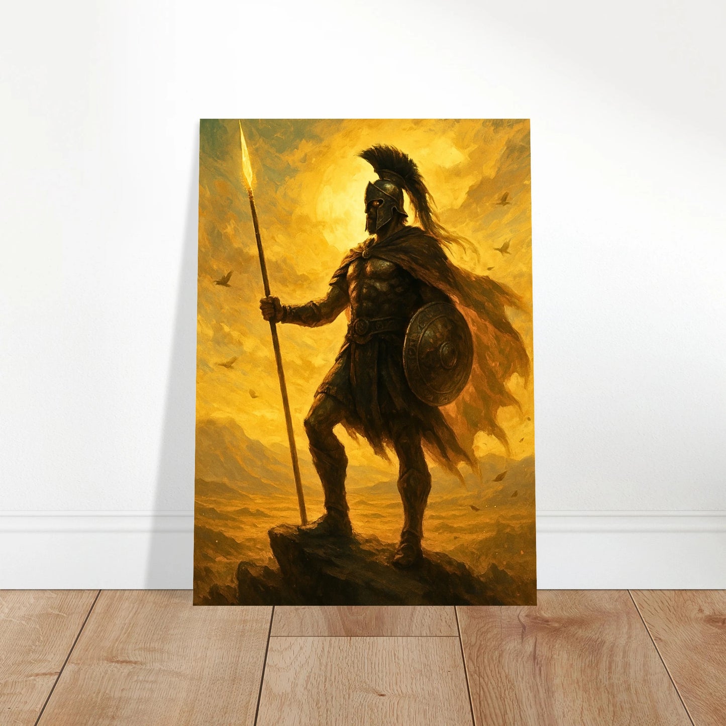 Spartan warrior poster with golden sky leaning against wall, epic ancient hero decoration