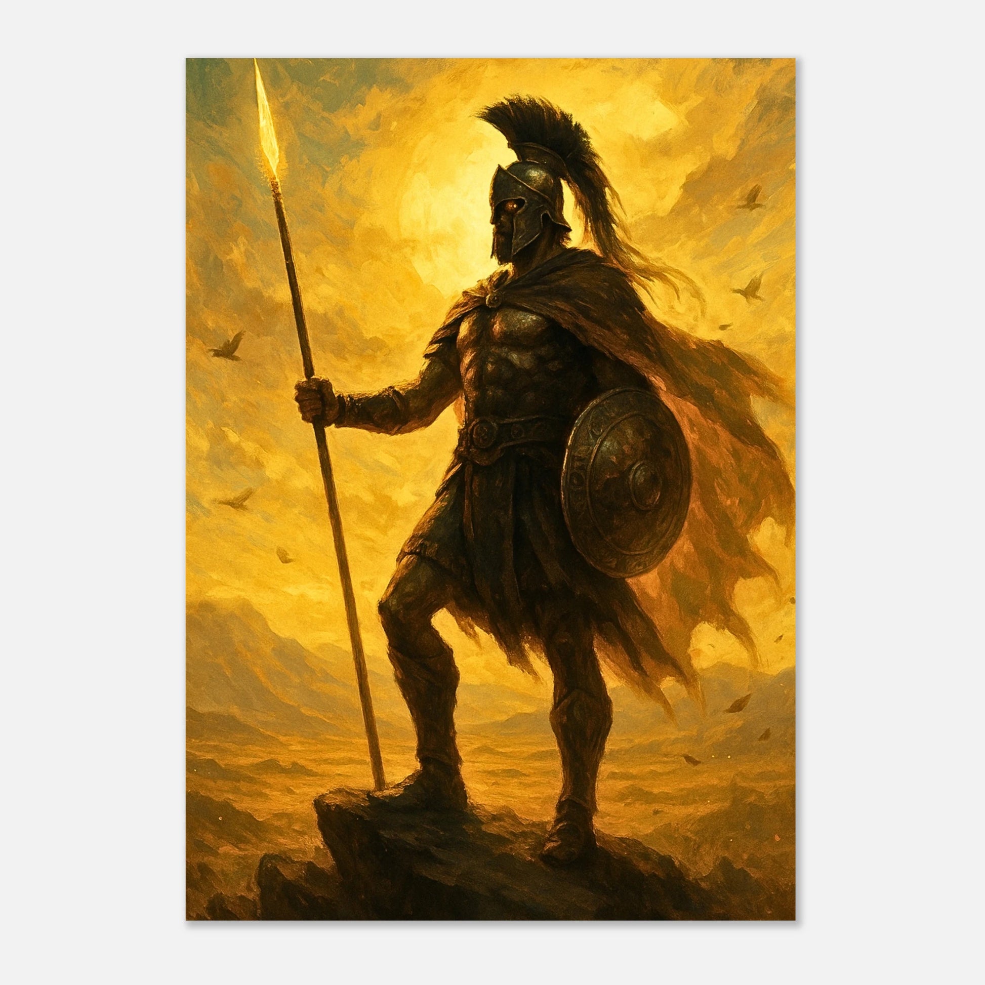 Spartan warrior poster in heroic pose with blazing golden sky and ancient armor details