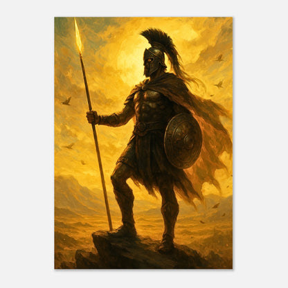 Spartan warrior poster in heroic pose with blazing golden sky and ancient armor details