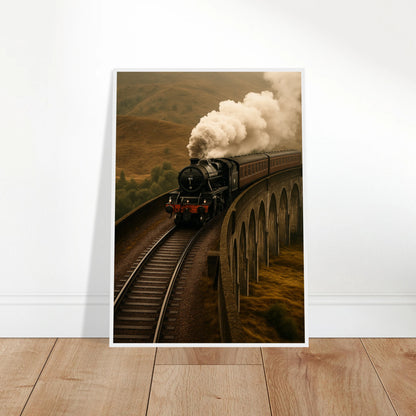 Steam Over the Highlands Poster an die Wand gelehnt – detailreiches Vintage-Dampflokmotiv mit stimmungsvoller Farbgebung, perfektes Kunstwerk für Bahn- und Nostalgiefans – von Defa Designs.
