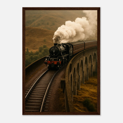 Steam Over the Highlands Poster im dunkelbraunen Holzrahmen – klassisches Vintage-Zugmotiv mit starker Atmosphäre, stilvolle Deko für Wohnzimmer oder Büro – von Defa Designs.